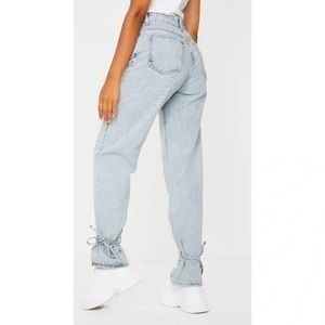NEW PrettyLittleThing Mom Jeans Tie Hem High Rise Straight Leg Mid Blue 6